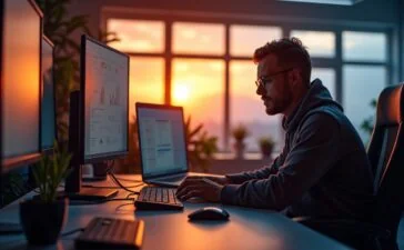 In einem modern ausgestatteten, lichtdurchfluteten Büro arbeiten fokussierte IT-Profis an großen Bildschirmen, deren helle, warme Atmosphäre Vertrautheit und Zusammenhalt inmitten der herausfordernden Welt der Cybersicherheit ausstrahlt.