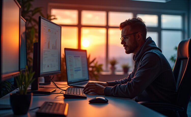 In einem modern ausgestatteten, lichtdurchfluteten Büro arbeiten fokussierte IT-Profis an großen Bildschirmen, deren helle, warme Atmosphäre Vertrautheit und Zusammenhalt inmitten der herausfordernden Welt der Cybersicherheit ausstrahlt.