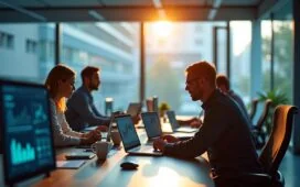 Ein strahlend heller, editorialer Büroarbeitsplatz mit moderner Industrie- und IT-Technologie im Hintergrund, wo fokussierte Fachleute in natürlichem Tageslicht angeregt über digitale Datenvisualisierungen und KI-Lösungen diskutieren – eine warme, einladende Atmosphäre, die Innovation, strategische Zusammenarbeit und den zukunftsweisenden Wandel bei Siemens verkörpert.