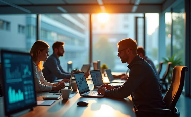 Ein strahlend heller, editorialer Büroarbeitsplatz mit moderner Industrie- und IT-Technologie im Hintergrund, wo fokussierte Fachleute in natürlichem Tageslicht angeregt über digitale Datenvisualisierungen und KI-Lösungen diskutieren – eine warme, einladende Atmosphäre, die Innovation, strategische Zusammenarbeit und den zukunftsweisenden Wandel bei Siemens verkörpert.