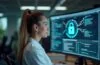 Ein helles, freundlich beleuchtetes Büro einer deutschen Klinik mit konzentrierter Mitarbeiterin vor einem Bildschirm, die vertrauensvoll und engagiert moderne Cybersecurity-Maßnahmen gegen Phishing überprüft – natürliches Licht und realistische Details schaffen eine warme, professionelle Atmosphäre.