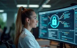 Ein helles, freundlich beleuchtetes Büro einer deutschen Klinik mit konzentrierter Mitarbeiterin vor einem Bildschirm, die vertrauensvoll und engagiert moderne Cybersecurity-Maßnahmen gegen Phishing überprüft – natürliches Licht und realistische Details schaffen eine warme, professionelle Atmosphäre.