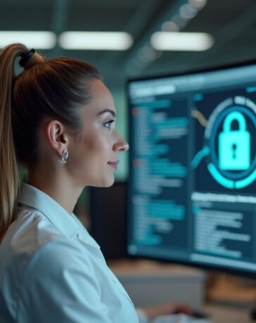 Ein helles, freundlich beleuchtetes Büro einer deutschen Klinik mit konzentrierter Mitarbeiterin vor einem Bildschirm, die vertrauensvoll und engagiert moderne Cybersecurity-Maßnahmen gegen Phishing überprüft – natürliches Licht und realistische Details schaffen eine warme, professionelle Atmosphäre.