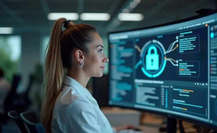 Ein helles, freundlich beleuchtetes Büro einer deutschen Klinik mit konzentrierter Mitarbeiterin vor einem Bildschirm, die vertrauensvoll und engagiert moderne Cybersecurity-Maßnahmen gegen Phishing überprüft – natürliches Licht und realistische Details schaffen eine warme, professionelle Atmosphäre.