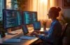 Eine strahlend helle, einladende Aufnahme eines modernen Entwickler-Arbeitsplatzes mit mehreren Bildschirmen, auf denen in entspannter Atmosphäre farbenfroher Code und Diagramme zu sehen sind, von warmem Tageslicht durchflutet, das das konzentrierte Team gestärkt und zuversichtlich an einer sicheren Single-Page Application arbeiten lässt.