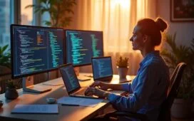 Eine strahlend helle, einladende Aufnahme eines modernen Entwickler-Arbeitsplatzes mit mehreren Bildschirmen, auf denen in entspannter Atmosphäre farbenfroher Code und Diagramme zu sehen sind, von warmem Tageslicht durchflutet, das das konzentrierte Team gestärkt und zuversichtlich an einer sicheren Single-Page Application arbeiten lässt.