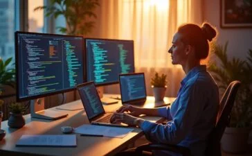 Eine strahlend helle, einladende Aufnahme eines modernen Entwickler-Arbeitsplatzes mit mehreren Bildschirmen, auf denen in entspannter Atmosphäre farbenfroher Code und Diagramme zu sehen sind, von warmem Tageslicht durchflutet, das das konzentrierte Team gestärkt und zuversichtlich an einer sicheren Single-Page Application arbeiten lässt.