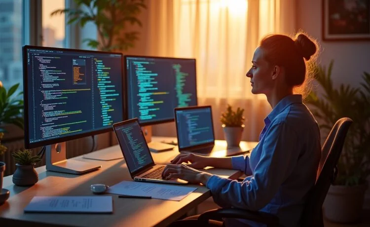 Eine strahlend helle, einladende Aufnahme eines modernen Entwickler-Arbeitsplatzes mit mehreren Bildschirmen, auf denen in entspannter Atmosphäre farbenfroher Code und Diagramme zu sehen sind, von warmem Tageslicht durchflutet, das das konzentrierte Team gestärkt und zuversichtlich an einer sicheren Single-Page Application arbeiten lässt.