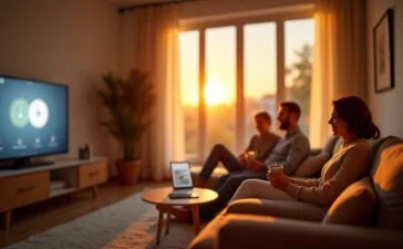 In einem hell erleuchteten, modernen Wohnzimmer mit warmem Tageslicht steht eine freundliche Familie entspannt vor einem digital steuerbaren Smart-Home-Hub, während im Hintergrund smarte Lampen und Sensoren dezent für behagliche Atmosphäre sorgen und so die neue, vernetzte Zigbee 4.0-Technologie im Alltag lebendig machen.