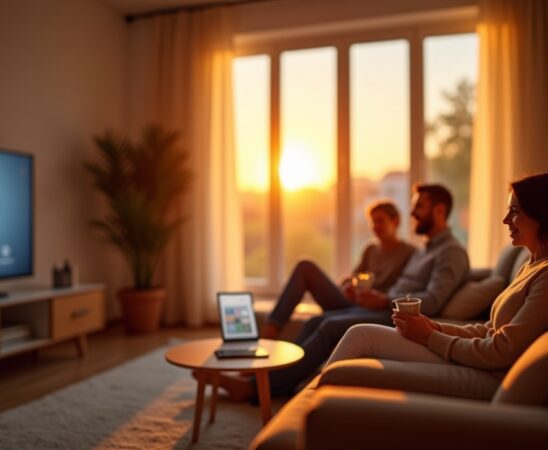 In einem hell erleuchteten, modernen Wohnzimmer mit warmem Tageslicht steht eine freundliche Familie entspannt vor einem digital steuerbaren Smart-Home-Hub, während im Hintergrund smarte Lampen und Sensoren dezent für behagliche Atmosphäre sorgen und so die neue, vernetzte Zigbee 4.0-Technologie im Alltag lebendig machen.