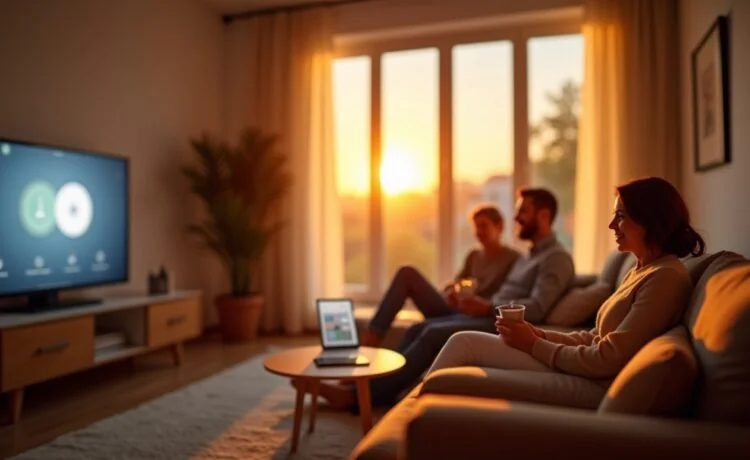 In einem hell erleuchteten, modernen Wohnzimmer mit warmem Tageslicht steht eine freundliche Familie entspannt vor einem digital steuerbaren Smart-Home-Hub, während im Hintergrund smarte Lampen und Sensoren dezent für behagliche Atmosphäre sorgen und so die neue, vernetzte Zigbee 4.0-Technologie im Alltag lebendig machen.