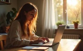 Ein heller, freundlicher Arbeitsbereich mit einem modernen Laptop auf einem Holztisch, sanftes Tageslicht fällt durch ein Fenster und wirft warme Schatten auf eine entspannte Person, die konzentriert eine E-Mail-App nutzt, während im Hintergrund dezente Technik-Elemente auf smarte digitale Vernetzung und KI-Unterstützung hinweisen.