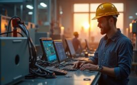 In einem hell erleuchteten, modernen Industriearbeitsplatz steht ein freundlicher Ingenieur vor einem kompakten Industrie-PC mit geöffnetem Gehäuse, das detailreich die innovative Snapdragon X Prozessorplatine zeigt, umgeben von warmem Tageslicht, das die zukunftsweisende Verbindung von Mobiltechnologie und Industrieautomation einladend inszeniert.