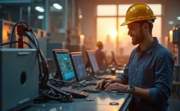 In einem hell erleuchteten, modernen Industriearbeitsplatz steht ein freundlicher Ingenieur vor einem kompakten Industrie-PC mit geöffnetem Gehäuse, das detailreich die innovative Snapdragon X Prozessorplatine zeigt, umgeben von warmem Tageslicht, das die zukunftsweisende Verbindung von Mobiltechnologie und Industrieautomation einladend inszeniert.