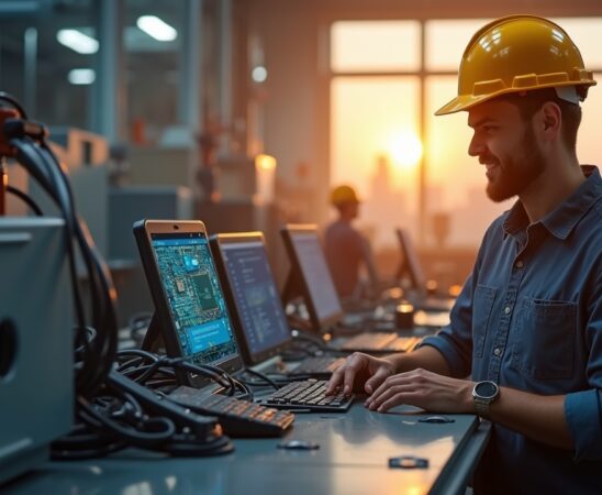 In einem hell erleuchteten, modernen Industriearbeitsplatz steht ein freundlicher Ingenieur vor einem kompakten Industrie-PC mit geöffnetem Gehäuse, das detailreich die innovative Snapdragon X Prozessorplatine zeigt, umgeben von warmem Tageslicht, das die zukunftsweisende Verbindung von Mobiltechnologie und Industrieautomation einladend inszeniert.