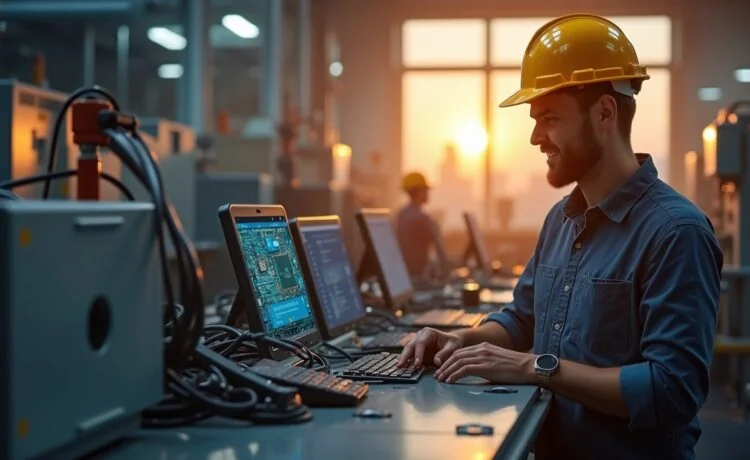 In einem hell erleuchteten, modernen Industriearbeitsplatz steht ein freundlicher Ingenieur vor einem kompakten Industrie-PC mit geöffnetem Gehäuse, das detailreich die innovative Snapdragon X Prozessorplatine zeigt, umgeben von warmem Tageslicht, das die zukunftsweisende Verbindung von Mobiltechnologie und Industrieautomation einladend inszeniert.