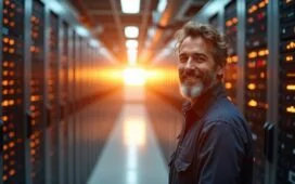 Ein hell erleuchteter, moderner Serverraum mit glänzenden Speicher-Arrays, in dem diffuse Sonnenstrahlen durch großflächige Fenster fallen und eine warme, einladende Atmosphäre schaffen, während ein technikaffiner Fachmann mit entspanntem Lächeln die Zukunft der KI-getriebenen Datenspeicherung symbolisch begrüßt.