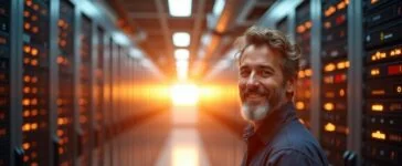 Ein hell erleuchteter, moderner Serverraum mit glänzenden Speicher-Arrays, in dem diffuse Sonnenstrahlen durch großflächige Fenster fallen und eine warme, einladende Atmosphäre schaffen, während ein technikaffiner Fachmann mit entspanntem Lächeln die Zukunft der KI-getriebenen Datenspeicherung symbolisch begrüßt.