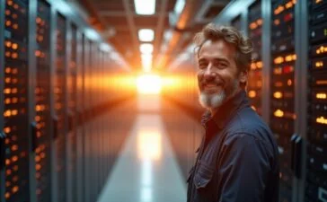 Ein hell erleuchteter, moderner Serverraum mit glänzenden Speicher-Arrays, in dem diffuse Sonnenstrahlen durch großflächige Fenster fallen und eine warme, einladende Atmosphäre schaffen, während ein technikaffiner Fachmann mit entspanntem Lächeln die Zukunft der KI-getriebenen Datenspeicherung symbolisch begrüßt.