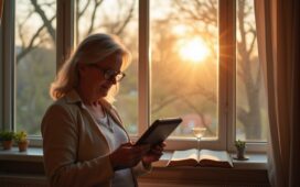 Eine helle, stimmungsvolle Aufnahme zeigt eine nachdenkliche Frau mittleren Alters vor einem modernen Fenster mit sanftem Tageslicht, während sie liebevoll ein Tablet mit abstrakt angedeuteter KI-Software hält, umgeben von spirituellen Symbolen wie einer dezenten Kerze und einem geöffneten Buch, die den Dialog zwischen Technologie und Glauben auf natürliche, warme Weise verkörpern.