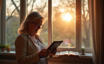 Eine helle, stimmungsvolle Aufnahme zeigt eine nachdenkliche Frau mittleren Alters vor einem modernen Fenster mit sanftem Tageslicht, während sie liebevoll ein Tablet mit abstrakt angedeuteter KI-Software hält, umgeben von spirituellen Symbolen wie einer dezenten Kerze und einem geöffneten Buch, die den Dialog zwischen Technologie und Glauben auf natürliche, warme Weise verkörpern.