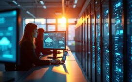 Ein atmosphärisches, sonnendurchflutetes Büro mit konzentrierten Expertinnen und Experten vor modernen Server-Racks und hochauflösenden Bildschirmen, die in einem warmen, freundlichen Licht die Zukunft der europäischen KI-Cloud-Technologie gestalten.