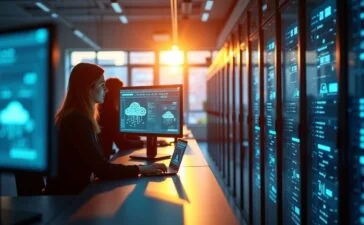 Ein atmosphärisches, sonnendurchflutetes Büro mit konzentrierten Expertinnen und Experten vor modernen Server-Racks und hochauflösenden Bildschirmen, die in einem warmen, freundlichen Licht die Zukunft der europäischen KI-Cloud-Technologie gestalten.