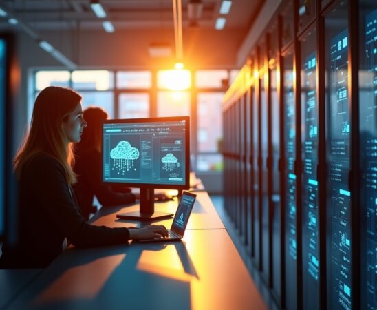 Ein atmosphärisches, sonnendurchflutetes Büro mit konzentrierten Expertinnen und Experten vor modernen Server-Racks und hochauflösenden Bildschirmen, die in einem warmen, freundlichen Licht die Zukunft der europäischen KI-Cloud-Technologie gestalten.