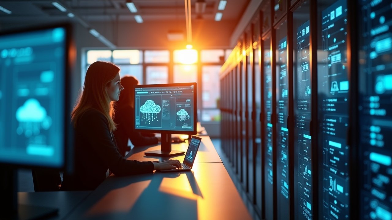 Ein atmosphärisches, sonnendurchflutetes Büro mit konzentrierten Expertinnen und Experten vor modernen Server-Racks und hochauflösenden Bildschirmen, die in einem warmen, freundlichen Licht die Zukunft der europäischen KI-Cloud-Technologie gestalten.