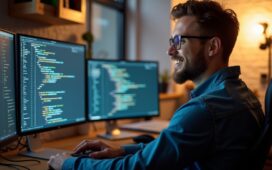 In einem warm beleuchteten, modernen Büro sitzt ein lächelnder Entwickler entspannt vor mehreren hell erleuchteten Bildschirmen, auf denen klar strukturierter Java-Code mit farblich hervor gehobenen Null-Sicherheitsannotation sichtbar ist, während durch das große Fenster sanftes Tageslicht einfällt und eine freundliche, produktive Atmosphäre schafft.