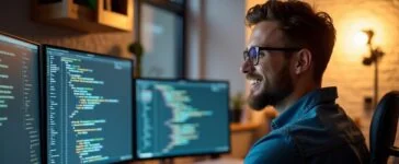 In einem warm beleuchteten, modernen Büro sitzt ein lächelnder Entwickler entspannt vor mehreren hell erleuchteten Bildschirmen, auf denen klar strukturierter Java-Code mit farblich hervor gehobenen Null-Sicherheitsannotation sichtbar ist, während durch das große Fenster sanftes Tageslicht einfällt und eine freundliche, produktive Atmosphäre schafft.