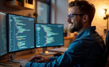 In einem warm beleuchteten, modernen Büro sitzt ein lächelnder Entwickler entspannt vor mehreren hell erleuchteten Bildschirmen, auf denen klar strukturierter Java-Code mit farblich hervor gehobenen Null-Sicherheitsannotation sichtbar ist, während durch das große Fenster sanftes Tageslicht einfällt und eine freundliche, produktive Atmosphäre schafft.