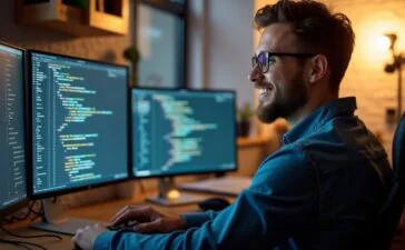 In einem warm beleuchteten, modernen Büro sitzt ein lächelnder Entwickler entspannt vor mehreren hell erleuchteten Bildschirmen, auf denen klar strukturierter Java-Code mit farblich hervor gehobenen Null-Sicherheitsannotation sichtbar ist, während durch das große Fenster sanftes Tageslicht einfällt und eine freundliche, produktive Atmosphäre schafft.