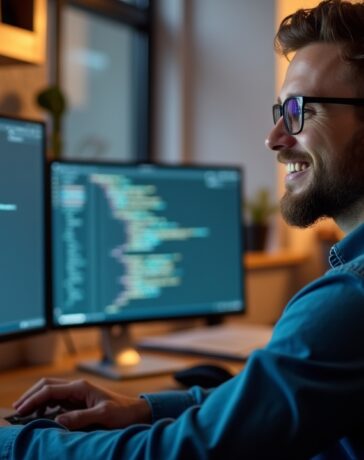 In einem warm beleuchteten, modernen Büro sitzt ein lächelnder Entwickler entspannt vor mehreren hell erleuchteten Bildschirmen, auf denen klar strukturierter Java-Code mit farblich hervor gehobenen Null-Sicherheitsannotation sichtbar ist, während durch das große Fenster sanftes Tageslicht einfällt und eine freundliche, produktive Atmosphäre schafft.