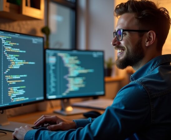 In einem warm beleuchteten, modernen Büro sitzt ein lächelnder Entwickler entspannt vor mehreren hell erleuchteten Bildschirmen, auf denen klar strukturierter Java-Code mit farblich hervor gehobenen Null-Sicherheitsannotation sichtbar ist, während durch das große Fenster sanftes Tageslicht einfällt und eine freundliche, produktive Atmosphäre schafft.