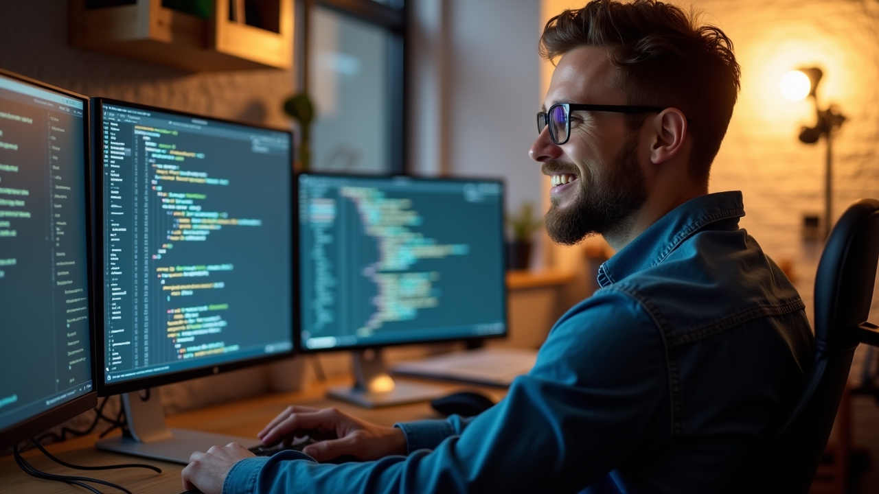 In einem warm beleuchteten, modernen Büro sitzt ein lächelnder Entwickler entspannt vor mehreren hell erleuchteten Bildschirmen, auf denen klar strukturierter Java-Code mit farblich hervor gehobenen Null-Sicherheitsannotation sichtbar ist, während durch das große Fenster sanftes Tageslicht einfällt und eine freundliche, produktive Atmosphäre schafft.