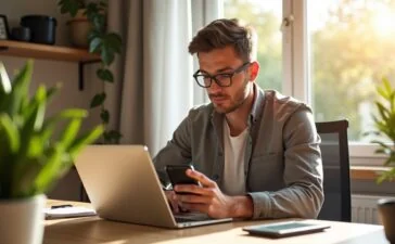 Ein sonnendurchflutetes, modernes Home-Office mit einem konzentrierten jungen Menschen, der entspannt, aber aufmerksam auf sein Smartphone blickt, umgeben von dezenten technischen Geräten und warmen Holztönen, die eine Atmosphäre von Sicherheit, Achtsamkeit und digitalem Selbstschutz ausstrahlen.