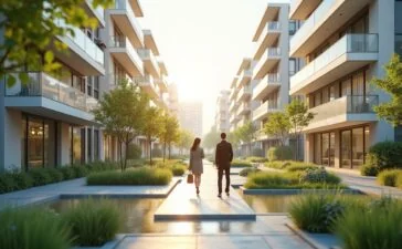 Ein sonnendurchfluteter urbaner Raum mit klaren, modernen Gebäuden und grünen Oasen, in dem Architekten und Stadtplaner mit digitalen Tablets und holografischen 3D-Stadtmodellen lebhaft zusammenarbeiten, während natürliche Lichtstrahlen warme Akzente setzen und die Hoffnung auf eine klimasmarte, technologiegestützte Zukunft der Städte spürbar machen.