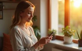 Helle, warm strahlende Szene in einem modernen Wohnzimmer, in dem eine entspannte junge Frau mit einem Android-Smartphone in der Hand aufmerksam ihre Sicherheitseinstellungen überprüft, die natürliche Sonnenstrahlen sanft ins Bild fallen lassen und eine Atmosphäre von digitaler Achtsamkeit und persönlichem Schutz schaffen.