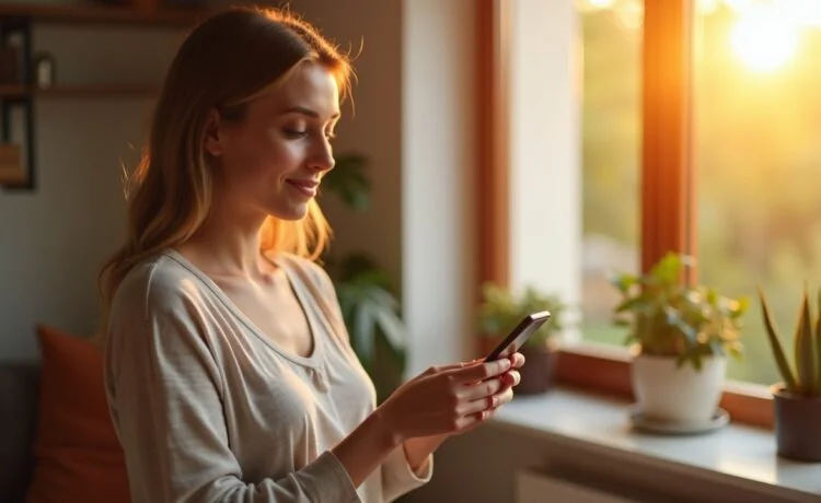 Helle, warm strahlende Szene in einem modernen Wohnzimmer, in dem eine entspannte junge Frau mit einem Android-Smartphone in der Hand aufmerksam ihre Sicherheitseinstellungen überprüft, die natürliche Sonnenstrahlen sanft ins Bild fallen lassen und eine Atmosphäre von digitaler Achtsamkeit und persönlichem Schutz schaffen.