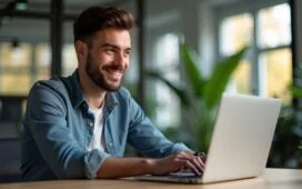 Ein lächelnder Entwickler in einem modernen, hellen Büro arbeitet konzentriert am Laptop, umgeben von warmem Tageslicht und minimalistischer Technik, die Sicherheit und Fortschritt in der Webentwicklung symbolisiert.