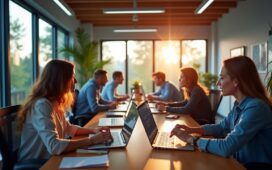 Ein inspirierendes, hell erleuchtetes Büro mit jungen, engagierten Gründerinnen und Gründern, die konzentriert an moderner Quantencomputing-Hardware aus Glasfaserkabeln und photonischen Bauteilen arbeiten, umgeben von natürlichem Tageslicht und warmen Holzakzenten, das zukunftsweisende Startup-Feeling lebendig und optimistisch einfangend.