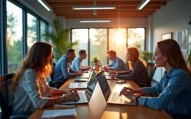 Ein inspirierendes, hell erleuchtetes Büro mit jungen, engagierten Gründerinnen und Gründern, die konzentriert an moderner Quantencomputing-Hardware aus Glasfaserkabeln und photonischen Bauteilen arbeiten, umgeben von natürlichem Tageslicht und warmen Holzakzenten, das zukunftsweisende Startup-Feeling lebendig und optimistisch einfangend.