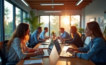 Ein inspirierendes, hell erleuchtetes Büro mit jungen, engagierten Gründerinnen und Gründern, die konzentriert an moderner Quantencomputing-Hardware aus Glasfaserkabeln und photonischen Bauteilen arbeiten, umgeben von natürlichem Tageslicht und warmen Holzakzenten, das zukunftsweisende Startup-Feeling lebendig und optimistisch einfangend.