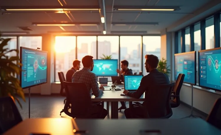 Ein modernes, hell erleuchtetes Büro mit konzentrierten Fachleuten in dynamischer Diskussion vor großen Bildschirmen, die komplexe Low-Code-Plattformen mit warmem Tageslicht durch bodentiefe Fenster umgeben und eine Atmosphäre von Innovation, Zusammenarbeit und zukunftsweisender Sicherheit ausstrahlen.