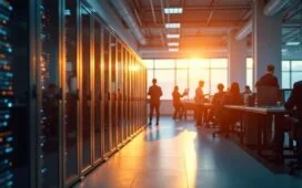 Ein hell erleuchteter, moderner Serverraum mit warmem Tageslicht, in dem Menschen konzentriert an energieeffizienter Hardware und digitalen Steuerungen arbeiten, während sanfte Sonnenstrahlen durch große Fenster fallen und eine freundliche, zukunftsoptimistische Atmosphäre schaffen.