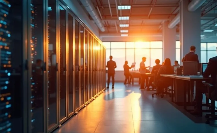 Ein hell erleuchteter, moderner Serverraum mit warmem Tageslicht, in dem Menschen konzentriert an energieeffizienter Hardware und digitalen Steuerungen arbeiten, während sanfte Sonnenstrahlen durch große Fenster fallen und eine freundliche, zukunftsoptimistische Atmosphäre schaffen.