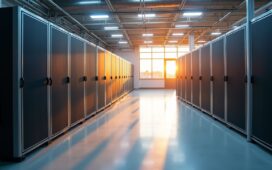 Ein sonnendurchfluteter, moderner Serverraum am Paderborner Forschungszentrum mit klar strukturierten Supercomputer-Komponenten, warmem Tageslicht und einer Atmosphäre von Fortschritt und Hoffnung, die die bahnbrechende Wissenschaftsrevolution durch „Otus“ lebendig widerspiegelt.