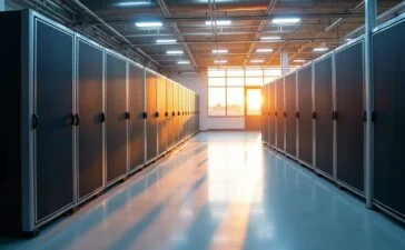 Ein sonnendurchfluteter, moderner Serverraum am Paderborner Forschungszentrum mit klar strukturierten Supercomputer-Komponenten, warmem Tageslicht und einer Atmosphäre von Fortschritt und Hoffnung, die die bahnbrechende Wissenschaftsrevolution durch „Otus“ lebendig widerspiegelt.