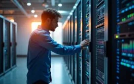 In einem lichtdurchfluteten, modernen Rechenzentrum montiert ein IT-Spezialist mit konzentriertem Lächeln modulare Serverkomponenten in einem eleganten Rack, umgeben von warmem Tageslicht und klaren, realistischen Details, die Flexibilität und zukunftsweisende Technologie greifbar machen.